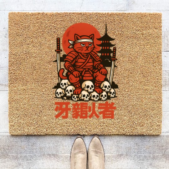 Samurai Cat with Skulls and Pagoda Coir Doormats