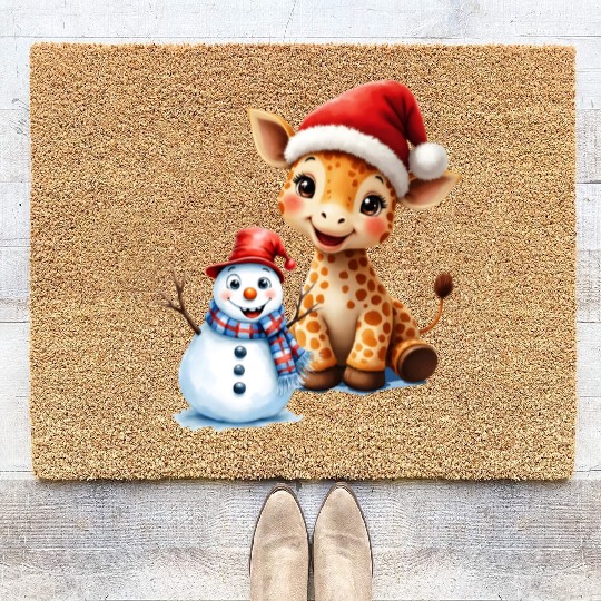 Festive Giraffe and Snowman Holiday Design Coir Doormats