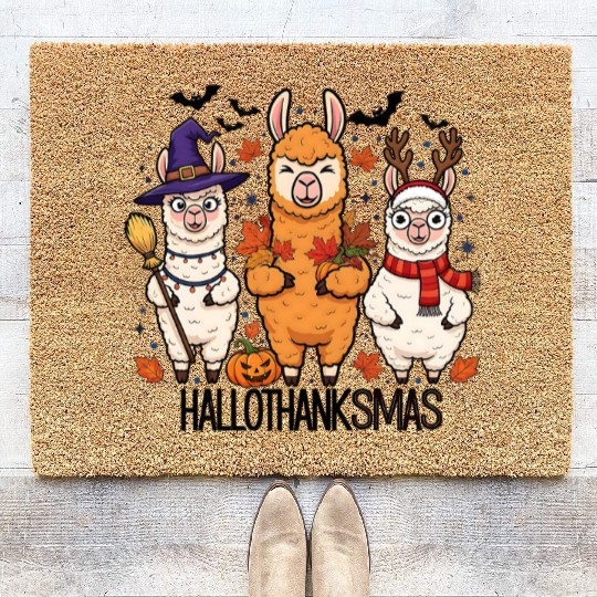 Hallothanksmas Llama Trio Halloween Xmas Coir Doormats Gift