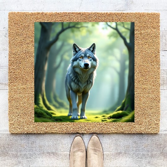 Mystic Forest Wolf Illustration Coir Doormats