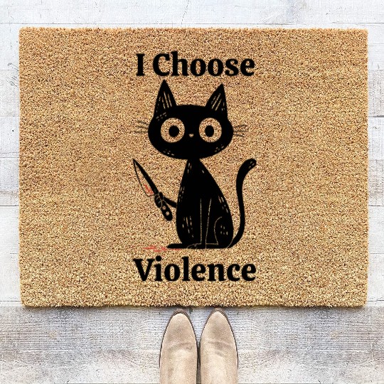 I Choose Violence Funny Cat with Knife Cute Cat Coir Doormats