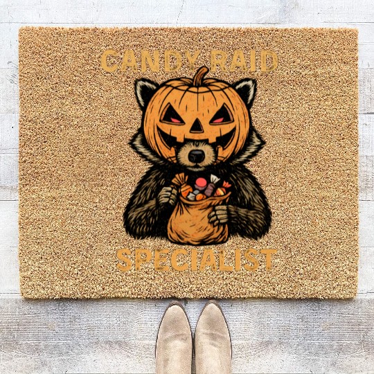 Candy Raid Specialist Halloween Raccoon Pumpkin Coir Doormats