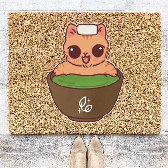 Kawaii Cat in Matcha Onsen Coir Doormats