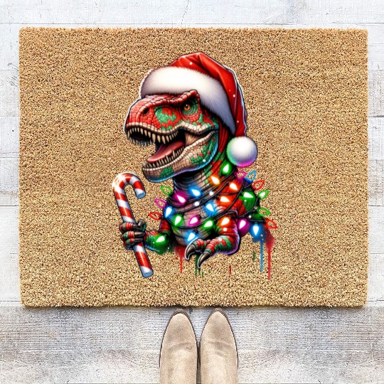 Festive Dinosaur Christmas Trolls Coir Doormats