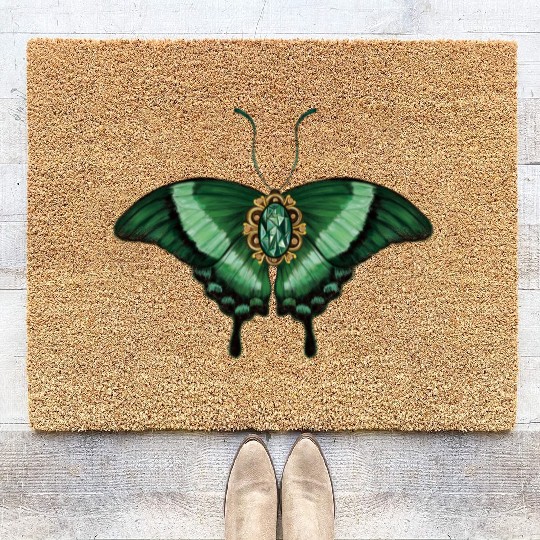May Emerald Peacock Butterfly Gemstone Design Coir Doormats