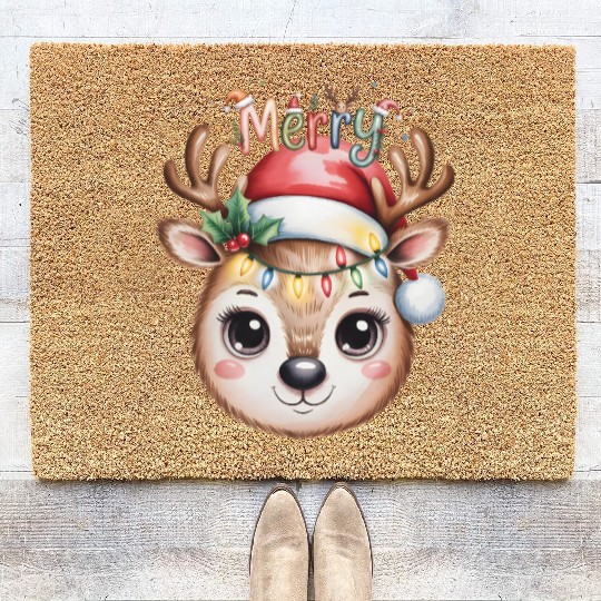 Rudolph Reindeer Watercolor Cozy Holiday Art Coir Doormats