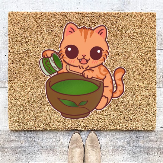 Kawaii Cat Barista Making Matcha Tea Coir Doormats