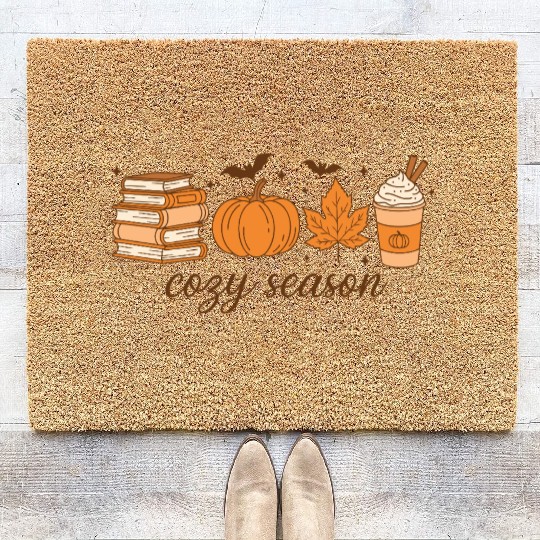 Cozy Season Pumpkin Latte Halloween Books & Leaves Coir Doormats