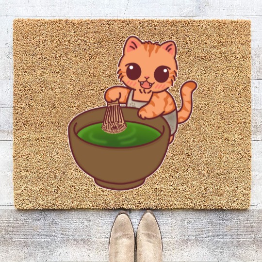 Kawaii Cat Matcha Barista Whisking Tea Coir Doormats