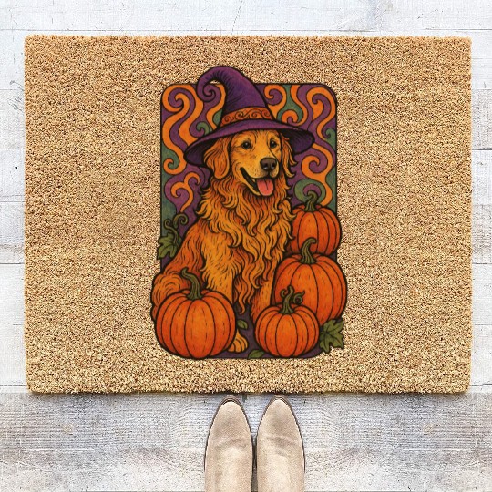 Halloween Wizard Golden Retriever with Pumpkins Coir Doormats