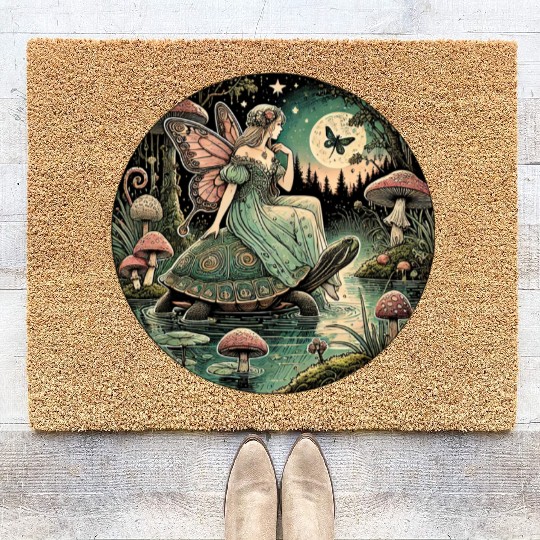 Fairy Queen Rides Tortoise Under Moon Coir Doormats