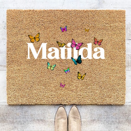 Colorful Butterflies with cute Girl Name MATHILDA Coir Doormats