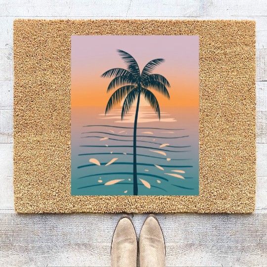 Tropical Sunset Palm Illustration Coir Doormats