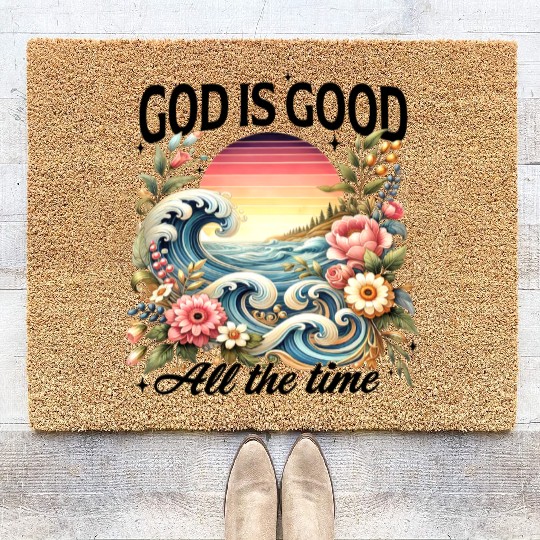 Elegant Wave and Floral Sunset Scene - GOD IS GOOD Coir Doormats