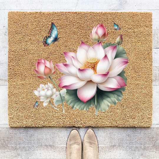 Light Pink Lotus and Butterflies  Coir Doormats
