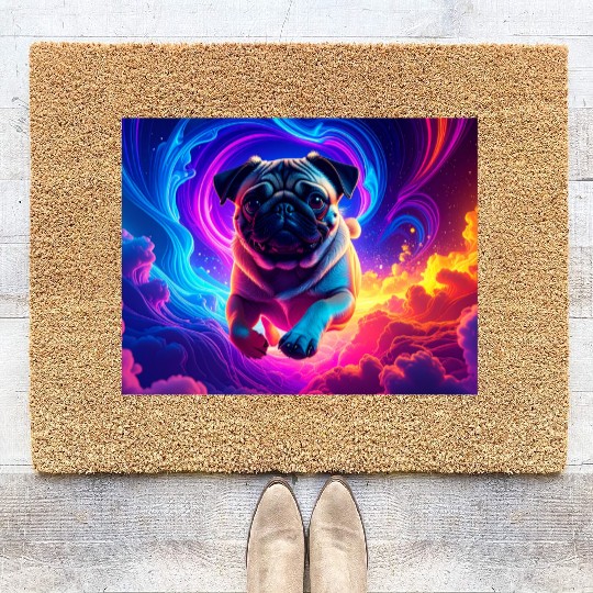 Colorful Pug Surrounded by Neon Swirls Coir Doormats
