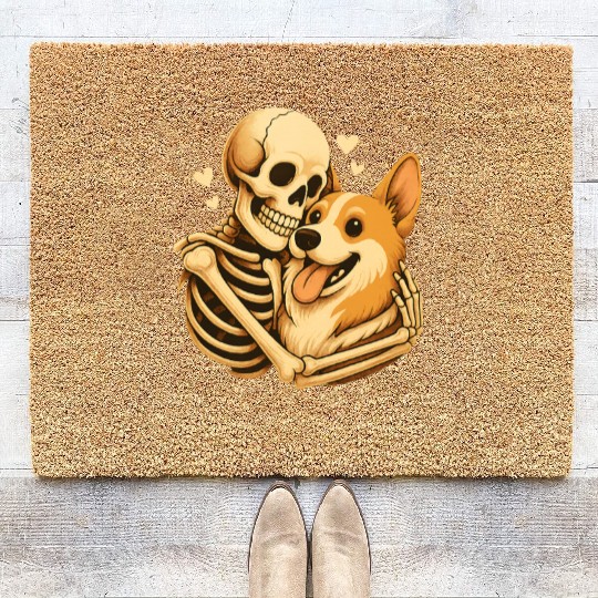 Halloween Skeleton Hugging Corgi Dog Coir Doormats