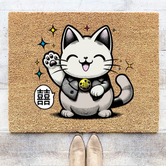 Happy Maneki Neko - double happiness - 招き猫 Coir Doormats