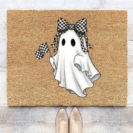 Ghost Boo Checkered Bow Race Day Racing Flag Racer Coir Doormats
