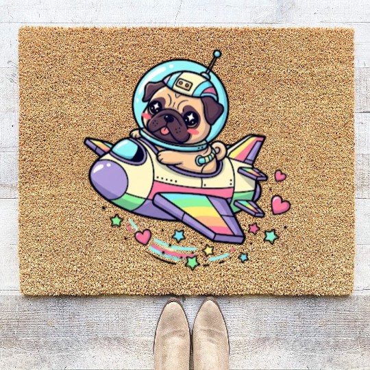 Pug Astronaut in Rainbow Spaceship Coir Doormats