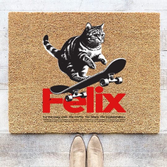 Cool Cat Skateboard with cute Boy Name FELIX Coir Doormats