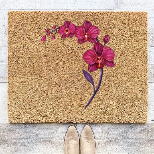 Elegant Violet Pink Orchid Flower Branch Design Coir Doormats