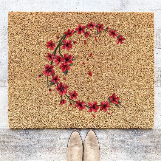 Red Moon Cherry Blossom Sakura Flower Design Coir Doormats