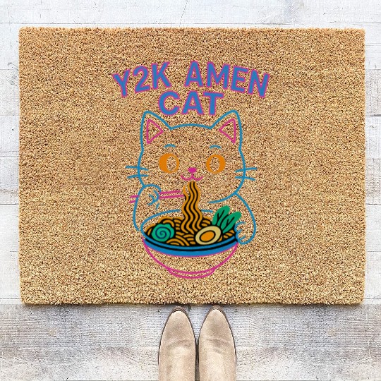 Y2K Ramen Cat – Retro Neon Anime Noodle Lover Desi Coir Doormats