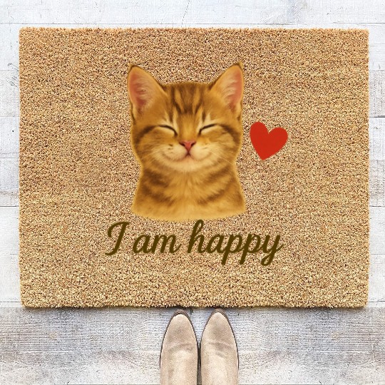 I Am Happy – Cute Realistic Cat with Red Heart Coir Doormats