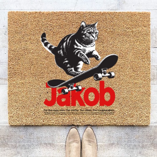 Cool Cat Skateboard with cute Boy Name JAKOB Coir Doormats