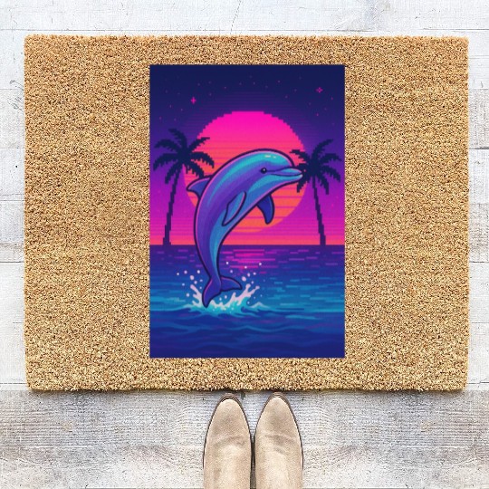 Neon Dolphin Sunset Scene Coir Doormats