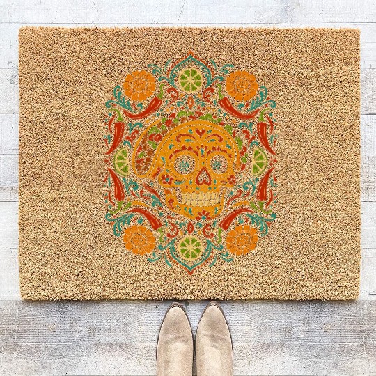Taco Calavera Vibrant Sugar Skull Mandala Art Coir Doormats