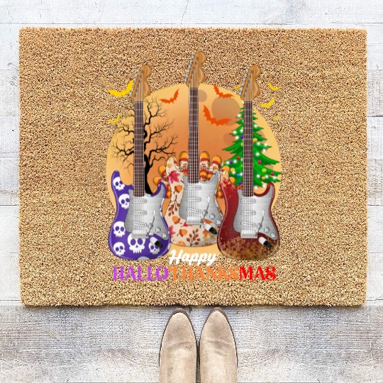 Happy HalloThanksMas Guitar  Coir Doormats