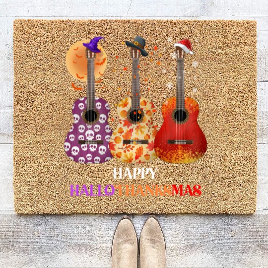 Happy HalloThanksMas Guitar  Coir Doormats
