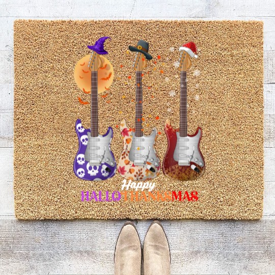 Happy HalloThanksMas Guitar  Coir Doormats