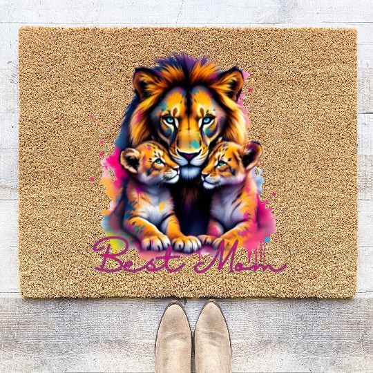 Colorful Lion Cubs and Mother Design Coir Doormats