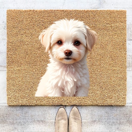 Adorable White Puppy Portrait Design Coir Doormats