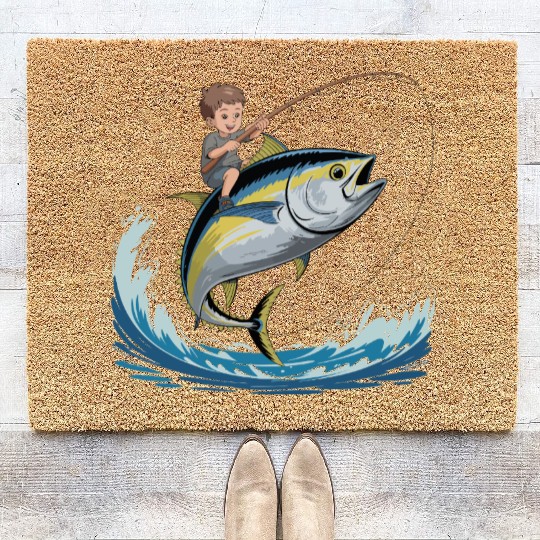 Joyful young boy rides massive jumping tuna Coir Doormats