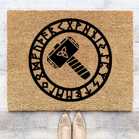 Thors Hammer, Runes, Triquetra, Mjolnir, Pagan Coir Doormats