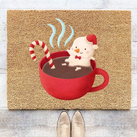 Cute Snowman in Hot Cocoa Coir Doormats