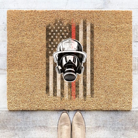 Firefighter mask American Flag Thin Red Line Coir Doormats