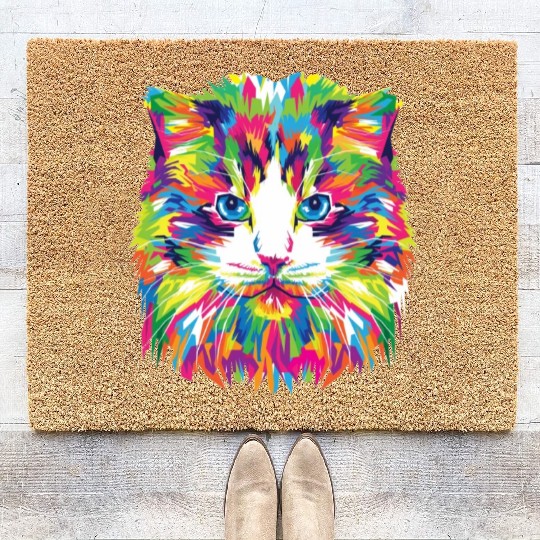 Psychedelic Colorful Cat Abstract Kitten Bright Coir Doormats
