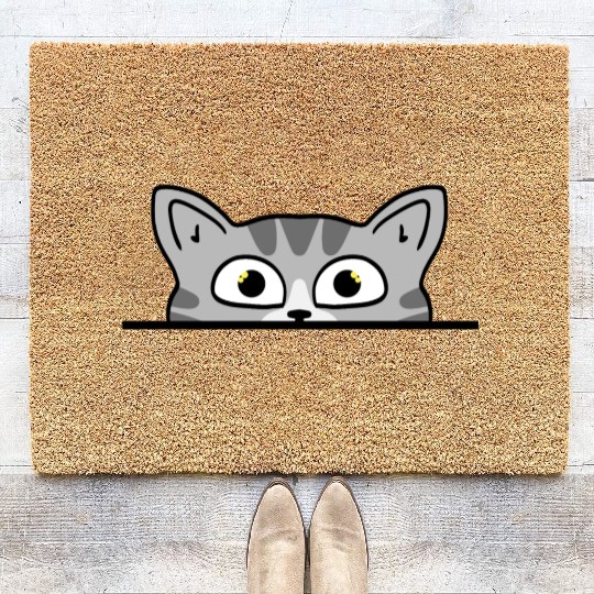 Cute funny curious grey cat peeking at you. Coir Doormats