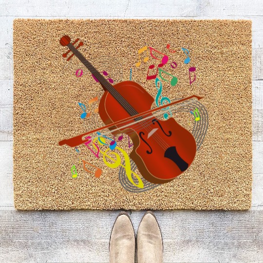 red-brown hand-drawn violin with notes Coir Doormats