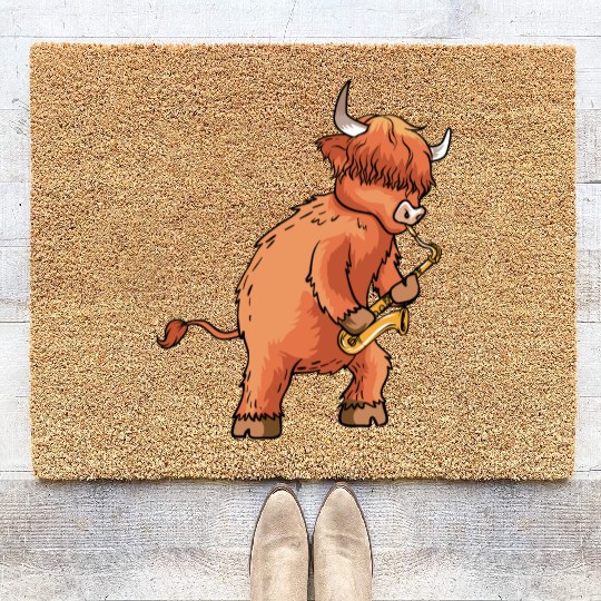 Highland Cow Cattle Playing Saxophone Music Gift Coir Doormats
