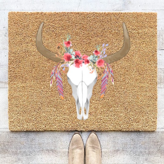 Floral Cow Skull With Feathers Bull Skull Coir Doormats