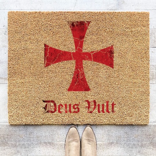 Distressed Deus Vult Knights Templar Cross Crusade Coir Doormats