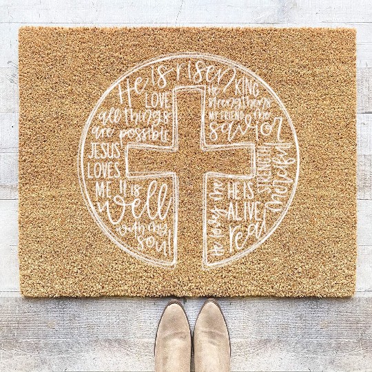 Cross With Words He is Risen Coir Doormats