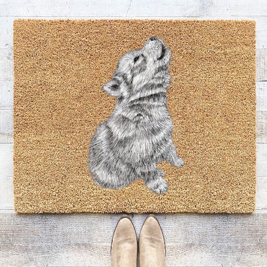 Cute Baby Howling Wolf Cub Sketch Coir Doormats