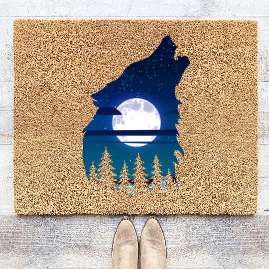 Howling wolf full moon forest howling wild Coir Doormats